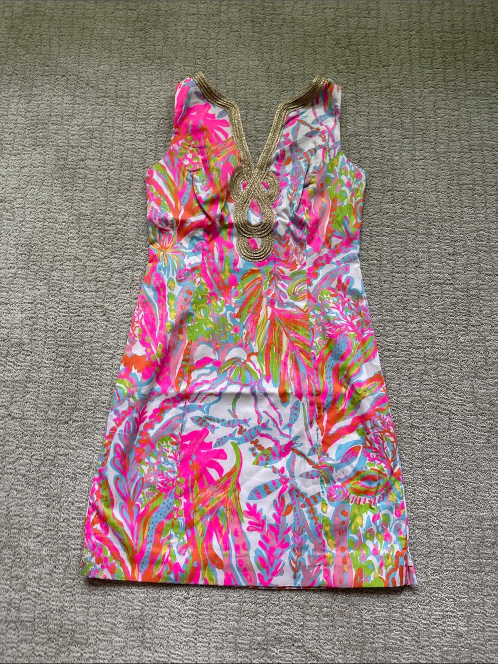 Lilly Pulitzer Pink, Green & Orange Tropical Shift Dress with Beaded Neckline